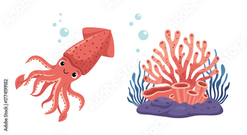 A cheerful cartoon squid swims gracefully near a colorful coral reef ecosystem, depicting vibrant underwater marine life.