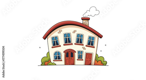 A whimsical, cartoon-style house with a curved red roof, smoking chimney, and multiple windows, surrounded by green bushes.