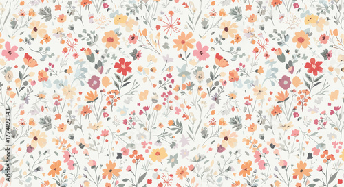 Charming seamless pattern with a delightful array of colorful watercolor wildflowers and delicate foliage, perfect for a fresh and gentle design.