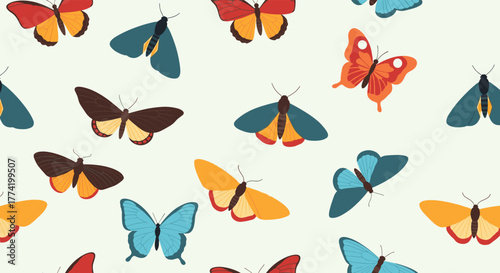Colorful seamless pattern featuring an assortment of vibrant butterflies and moths scattered over a light green background.