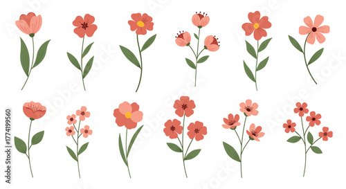 A charming collection of simple, hand-drawn red, orange, and pink flower illustrations with green stems and leaves, set against a white background.