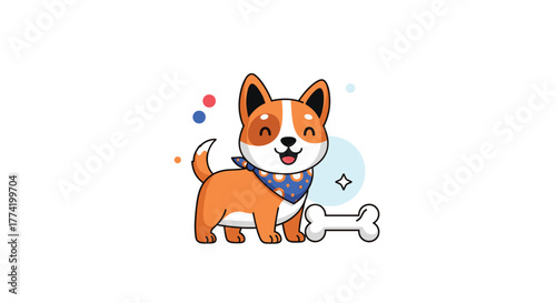 A cheerful and cute cartoon corgi dog with a blue bandana, happily sitting next to a white bone on a plain background, ready for play.