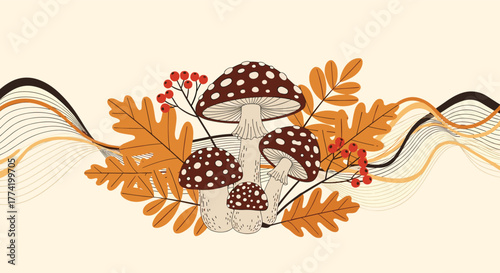 Autumn mushrooms, leaves, and berries form a decorative arrangement with flowing lines on a light background, evoking the fall season.