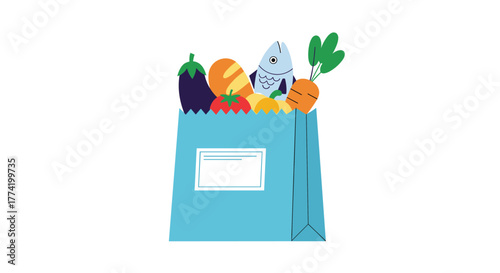 A colorful illustration of a blue grocery bag overflowing with a variety of fresh produce, bread, and fish, depicting a healthy food shop.