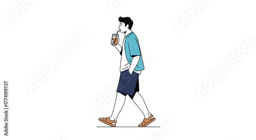 A young man in a casual outfit walks and sips a refreshing beverage from a cup with a straw.