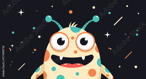A friendly, adorable cartoon monster with large eyes, fangs, and polka dots smiles and looks up from a dark, star-filled space background.