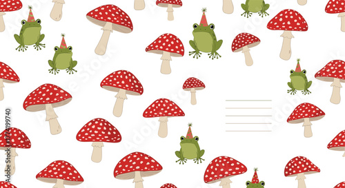 Whimsical pattern of red and white spotted mushrooms and cute frogs wearing party hats on a white background, with space for writing.