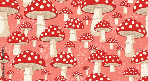 Whimsical seamless pattern of red and white spotted mushrooms, resembling toadstools, in various sizes on a lively coral pink background.