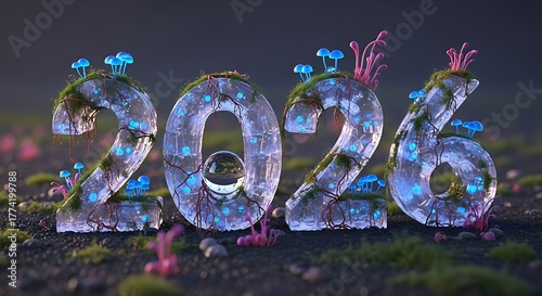 Icy Year 2026 with Moss and Glowing Mushrooms for New Year Celebration