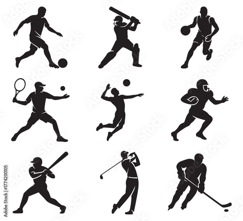 Set of Sport Athlete Silhouettes Vector – Football, Basketball, Tennis, Baseball, Cricket, Golf, Volleyball, Hockey, American Football Players