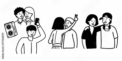 A group of friends are captured in black and white line art posing for a selfie with a speaker present