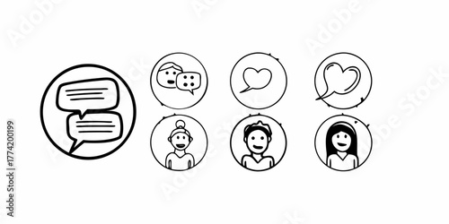 Doodle style icons representing communication, love, and people in circular frames, black and white