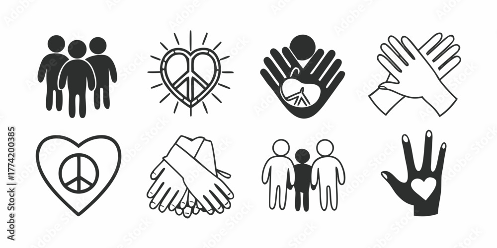Fototapeta premium Illustration showing symbols of peace, unity, love, and support with hands and figures in black and white