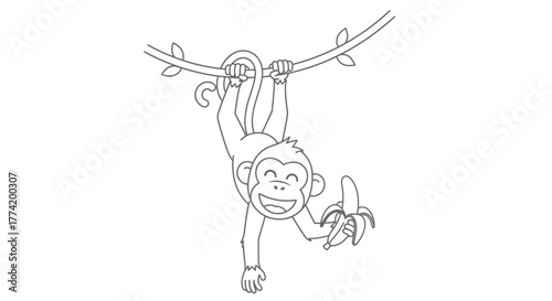 Illustration of a cheerful monkey hanging from a vine and holding a banana fruit
