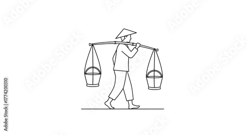 Simple line drawing featuring a peasant farmer with a traditional conical hat carrying buckets