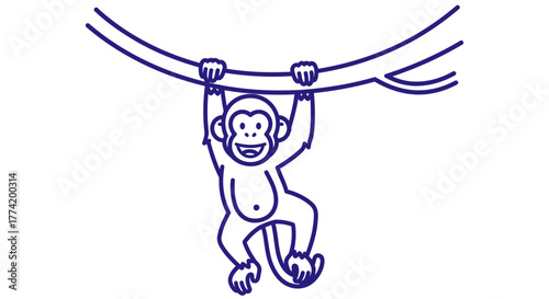 A minimalist line drawing of a joyful monkey swinging from a tree branch in a playful pose