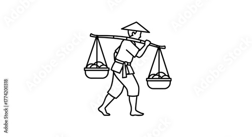 Monochrome vector illustration of a person carrying baskets with a shoulder pole showcasing