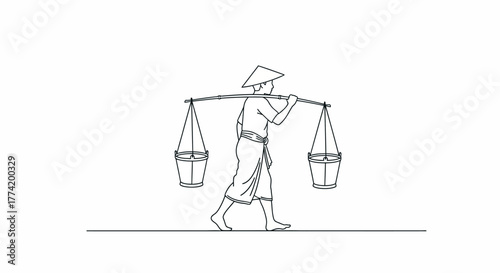 Line art depiction of a man in traditional asian attire carrying buckets with a shoulder pole