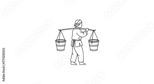 Traditional water carrier sketch depicting hard work and rural life drawing