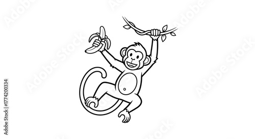 Cartoon monkey swinging on a vine with a banana radiating playful charm and vitality