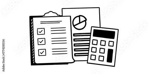 Illustration of a clipboard with checklist, pie chart document, and a calculator in black and white