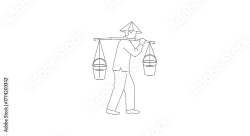 Minimalistic linear illustration of an Asian water carrier with traditional hat and buckets