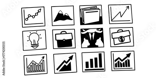 Collection of business and finance related icons including graphs and a businessman in black and white
