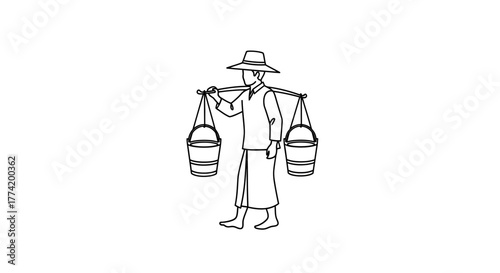 Line art drawing depicting traditional farmer carrying water buckets using shoulder yoke