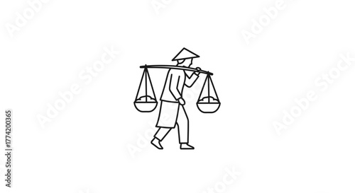 Linear design depicting an Asian farmer carrying produce using a traditional shoulder pole system