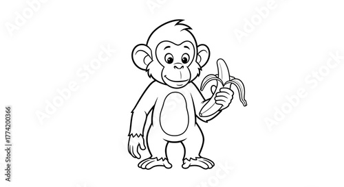 Adorable outlined monkey with banana, fun cartoon illustration for kids or animal designs