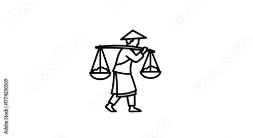 Silhouette of a traditional asian farmer carrying goods on a shoulder pole illustration