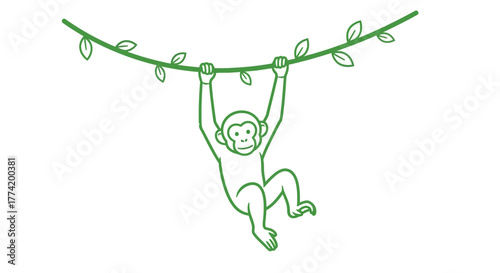 Stylized green monkey swinging from a leafy vine on a crisp white backdrop