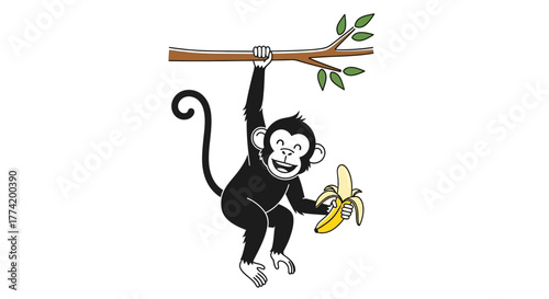 Playful monkey hanging on tree branch with a peeled banana in hand illustration
