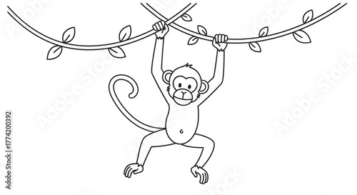 Playful primate swinging joyfully, a cheerful jungle scene brimming with natural delight and charm
