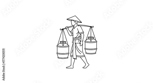 Hand drawn illustration showing an asian farmer carrying water cans on a pole using a rural