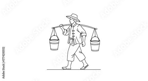 Monochrome illustration of a traditional farmer carrying water buckets using a shoulder pole