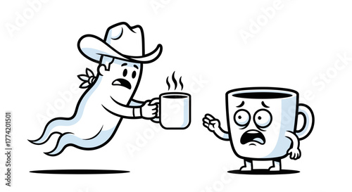 Spooky coffee delivery: A cartoon ghost brings coffee to a frightened coffee mug character