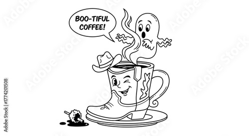 Spooky Western Style Coffee Illustration with a Ghostly Steam and Cartoon Boot Cup