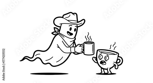Humorous cartoon depiction of a cowboy ghost offering a hot beverage to a nervous mug