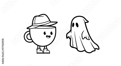 Whimsical Halloween illustration featuring a charming cup with a hat and a friendly ghost