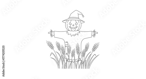 Whimsical autumn delight a playful scarecrow in a wheat field line drawing