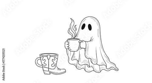 Whimsical ghost with steaming coffee and cowboy boot mug isolated on white backdrop