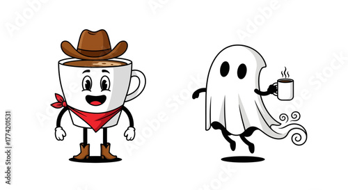Cartoon coffee cup dressed as cowboy meets a ghost carrying a coffee cup in white background