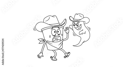 Terrified coffee cup character being haunted by an evil ghost cowboy silhouette design