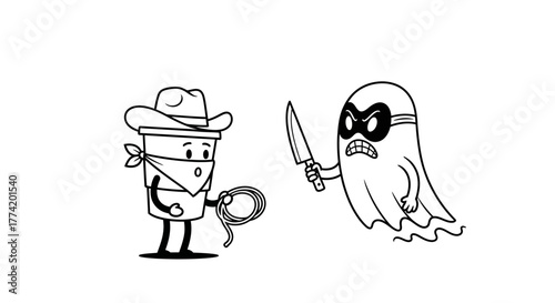 Cartoon showdown: Coffee cup cowboy versus menacing ghost bandit in a black and white standoff