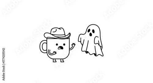 Whimsical encounter of a cowboy mug facing a startled spectral being illustration