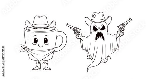 Cartoon showdown: A smiling coffee cup versus a menacing ghost in a western motif illustration