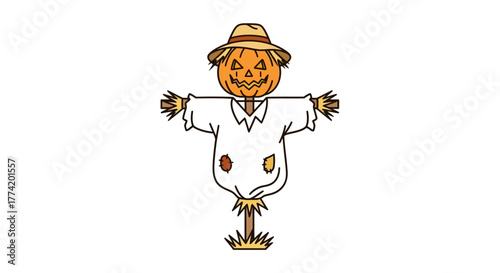 Festive autumn scarecrow with pumpkin head illustration for seasonal decorations and backgrounds