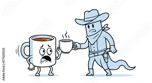Cartoon illustration of coffee cup being offered coffee by cowboy ghost character