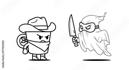 Cartoon standoff illustration featuring an angry cowboy coffee cup versus a menacing robber ghost